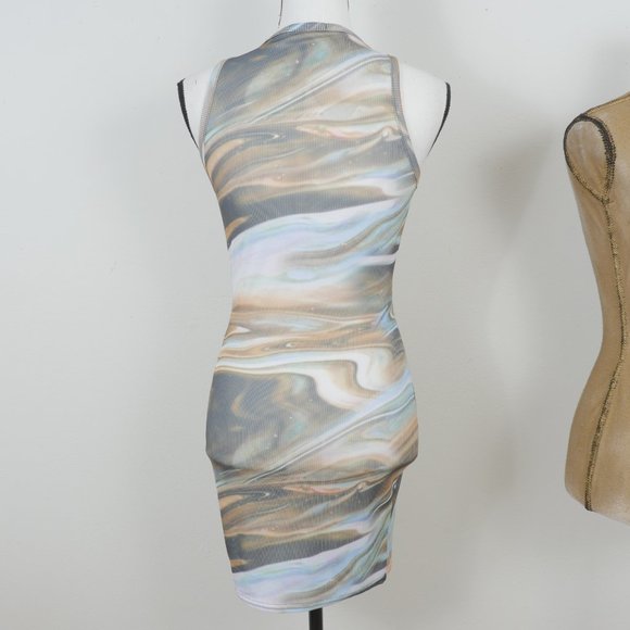 Pretty Little Thing Blue Brown Green Marble Design Size 4 Sleeveless Mini Dress - Picture 9 of 11